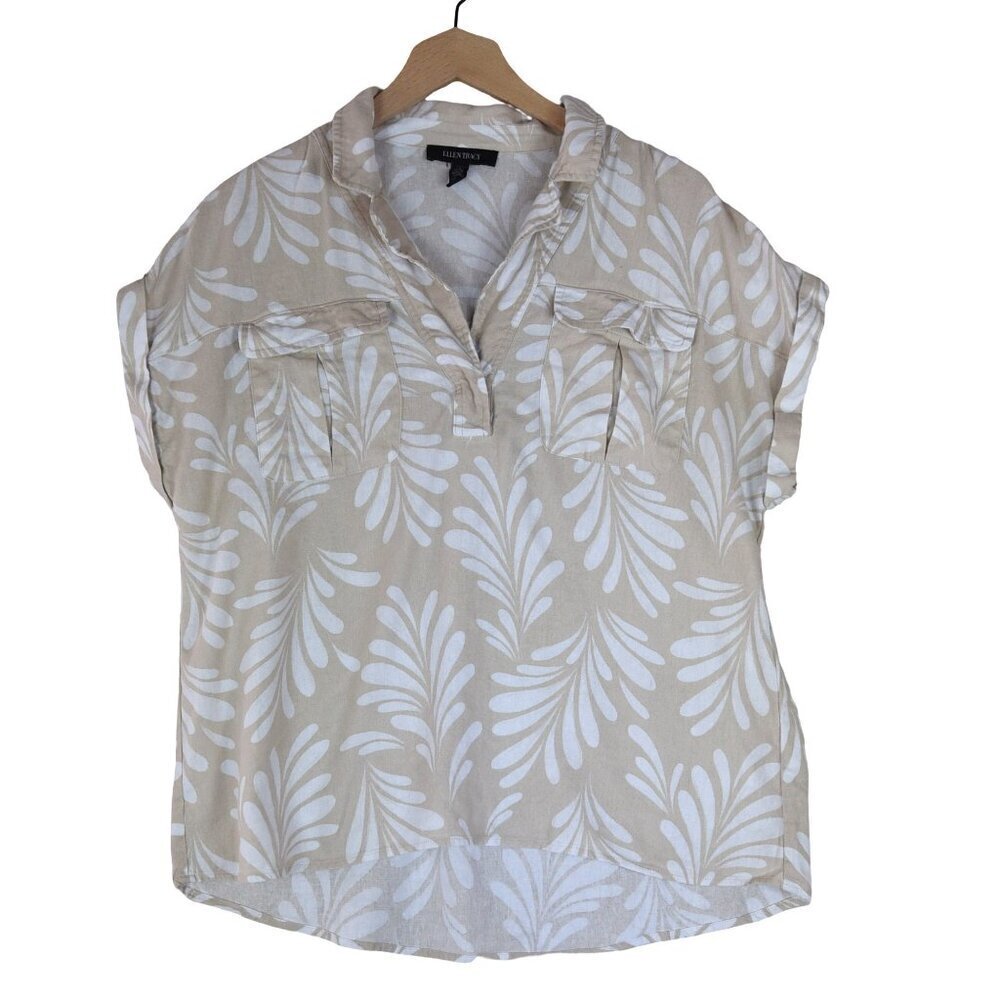 Ellen Tracy Linen Blend Top M Leaf Print Coastal Resort Blouse